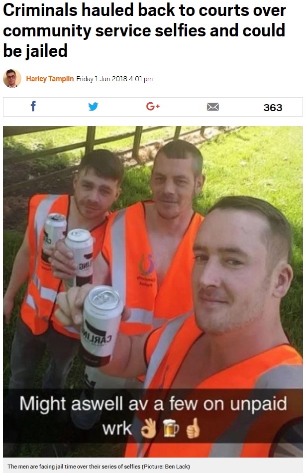 奉仕活動中のふざけた写真で3人は実刑か（画像は『Metro　2018年6月1日付「Criminals hauled back to courts over community service selfies and could be jailed」（Picture: Ben Lack）』のスクリーンショット）
