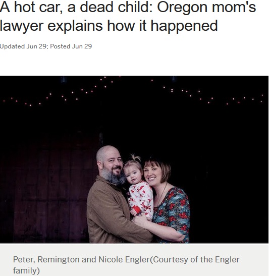 我が子を車中に放置し、死なせてしまった母親（画像は『OregonLive.com　2018年6月29日付「A hot car, a dead child: Oregon mom’s lawyer explains how it happened」（Courtesy of the Engler family）』のスクリーンショット）