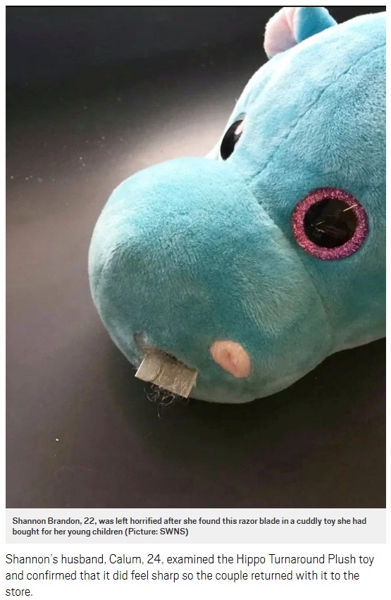 カバのぬいぐるみの中にカミソリの刃が…（画像は『Metro　2018年6月28日付「Mum-of-two horrified to find razor blade inside cuddly hippo toy she bought from Aldi」（Picture: SWNS）』のスクリーンショット）