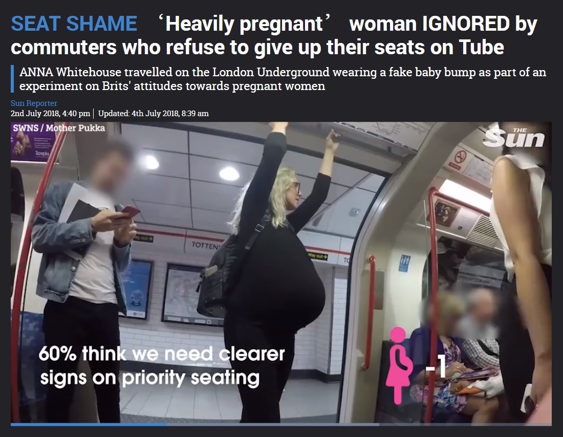 妊婦になりきった女性が実験。その結果は？（画像は『The Sun　2018年7月4日付「SEAT SHAME ‘Heavily pregnant’ woman IGNORED by commuters who refuse to give up their seats on Tube」（IMAGE: SWNS:SOUTH WEST NEWS SERVICE）』のスクリーンショット）