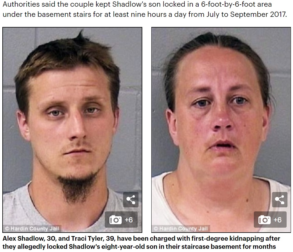 8歳男児に監禁と虐待を続けていたカップル（画像は『Daily Mail Online　2018年7月19日付「Iowa man and his girlfriend are charged with kidnapping after they ‘tortured and starved his 8-year-old son by locking him in basement staircase and giving him only a coffee tin to pee in for MONTHS’」（Hardin County Jail）』のスクリーンショット）