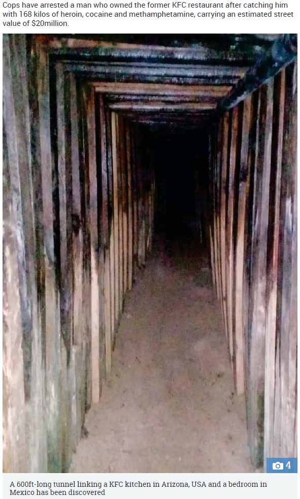 アメリカのKFCとメキシコのある寝室を繋ぐトンネル（画像は『The Sun　2018年8月23日付「FINGER LICKIN BAD 600ft-long drug smuggling tunnel found linking kitchen of old KFC restaurant to Mexico bedroom」』のスクリーンショット）