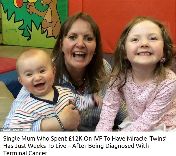 末期がんと診断された46歳2児の母（画像は『real fix　2018年9月21日付「Single Mum Who Spent ￡12K On IVF To Have Miracle ‘Twins’ Has Just Weeks To Live - After Being Diagnosed With Terminal Cancer」（SWNS/REALFIX）』のスクリーンショット）