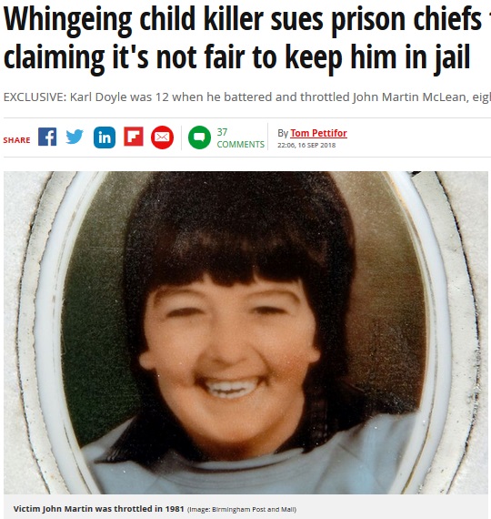 37年前に殺害された8歳男児（画像は『Mirror　2018年9月16日付「Whingeing child killer sues prison chiefs for ￡1million claiming it’s not fair to keep him in jail」（Image: Birmingham Post and Mail）』のスクリーンショット）