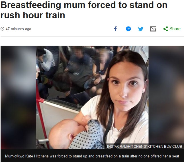 満員電車で立って授乳を強いられた母親（画像は『BBC News　2018年9月5日付「Breastfeeding mum forced to stand on rush hour train」（INSTAGRAM/HITCHENS’ KITCHEN BLW CLUB）』のスクリーンショット）
