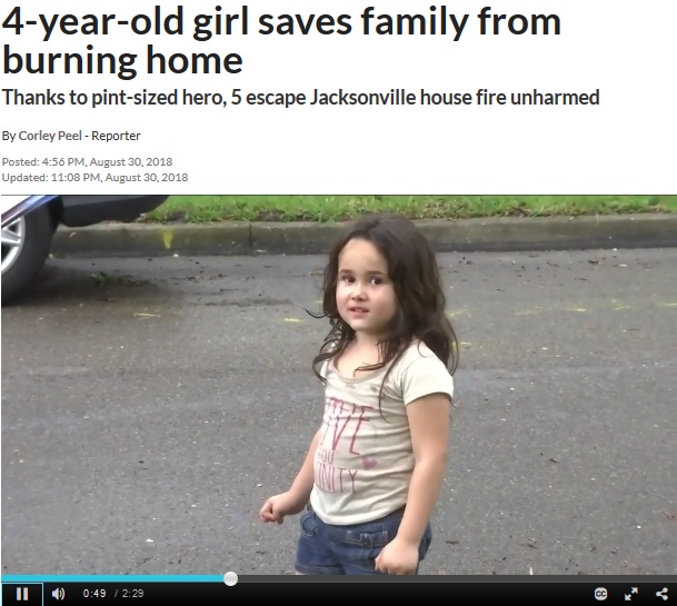 自宅の火事にいち早く気付いた4歳女児（画像は『News4Jax　2018年8月30日付「4-year-old girl saves family from burning home」』のスクリーンショット）