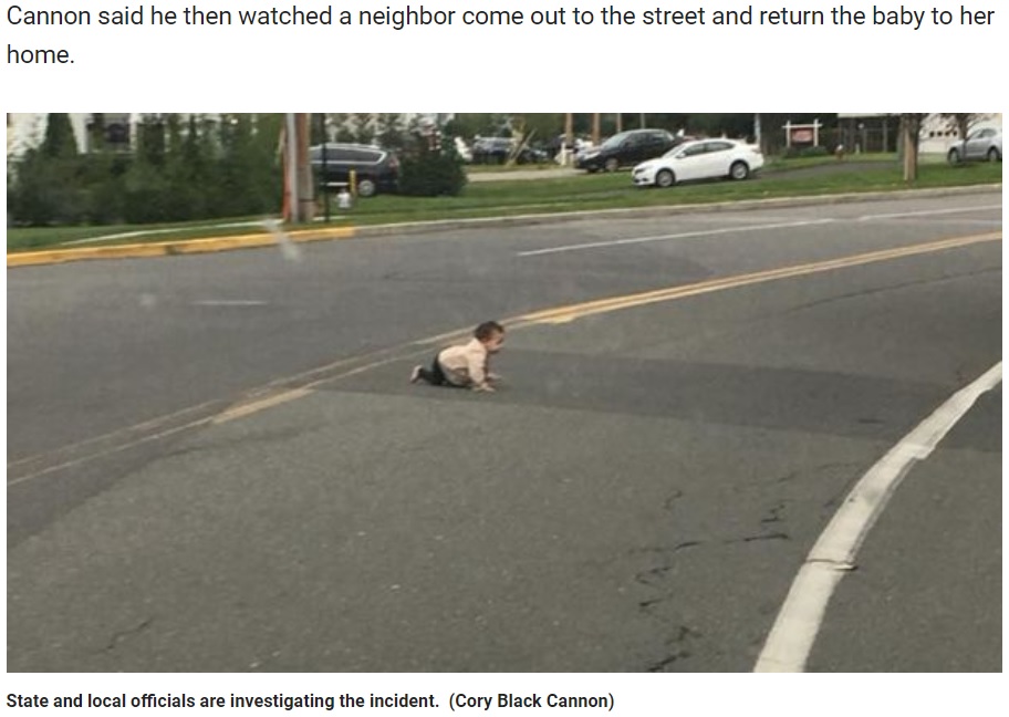 車道をハイハイで横断する乳児（画像は『Fox News　2018年9月24日付「Baby found crawling across New Jersey road prompts investigation」（Cory Black Cannon）』のスクリーンショット）
