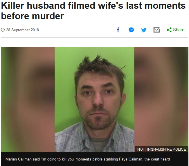 妻を殺害しその様子を動画に収めていた夫（画像は『BBC News　2018年9月28日付「Killer husband filmed wife’s last moments before murder」（NOTTINGHAMSHIRE POLICE）』のスクリーンショット）