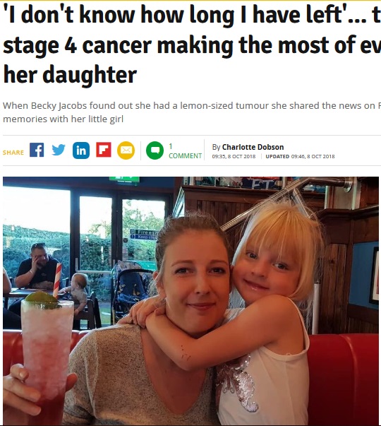 ステージ4のがんを患う母（画像は『Manchester Evening News　2018年10月8日付「‘I don’t know how long I have left’... the mum with stage 4 cancer making the most of every minute with her daughter」』のスクリーンショット）
