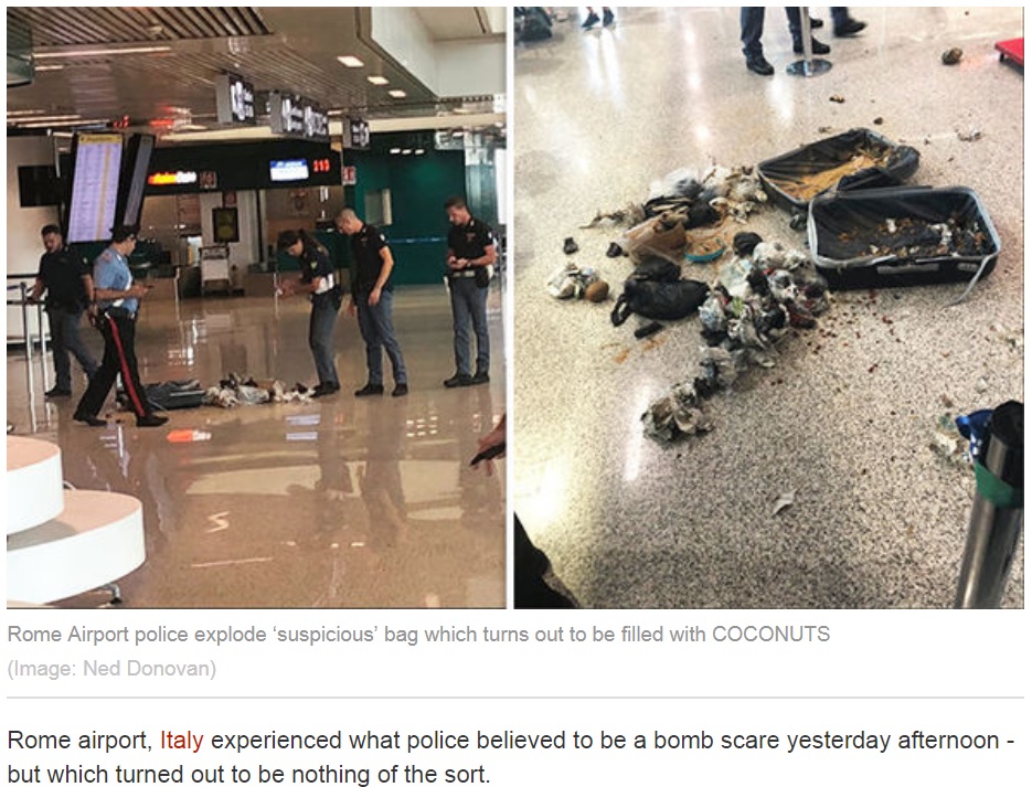 不審物が入っていると思われたスーツケースの中身は…（画像は『Express.co.uk　2018年10月2日付「Rome Airport police explode ‘suspicious’ bag which turns out to be filled with COCONUTS」（Image: Ned Donovan）』のスクリーンショット）