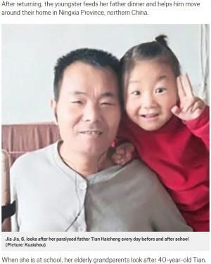 【海外発！Breaking News】母が去った後、障害を抱える父親の世話をする6歳女児「全然疲れない」（中国）
