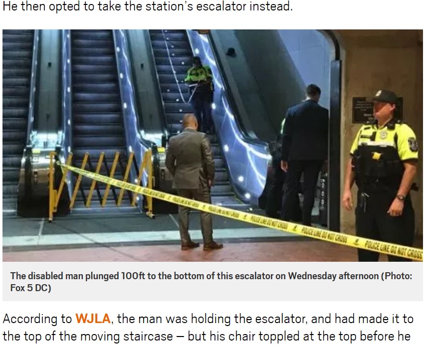 車椅子の男性、混雑したエレベーターを避けてエスカレーターに乗り転落死（画像は『Metro　2018年10月11日付「Wheelchair user plunges 100ft to his death after taking escalator instead of elevator」（Photo: Fox 5 DC）』のスクリーンショット）