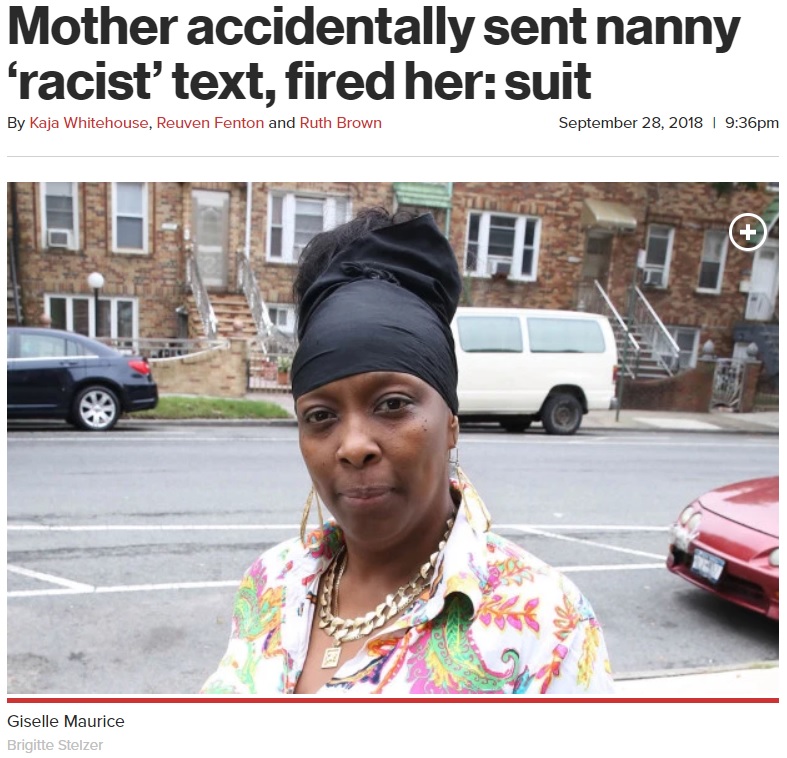 差別メッセージを受け取ったアフリカ系アメリカ人女性（画像は『New York Post　2018年9月28日付「Mother accidentally sent nanny ‘racist’ text, fired her: suit」（Brigitte Stelzer）』のスクリーンショット）