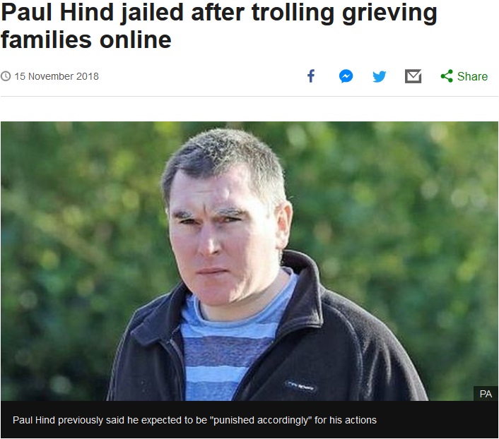 SNSに悪質な書き込みで懲役刑が科せられた男（画像は『BBC News　2018年11月15日付「Paul Hind jailed after trolling grieving families online」（PA）』のスクリーンショット）