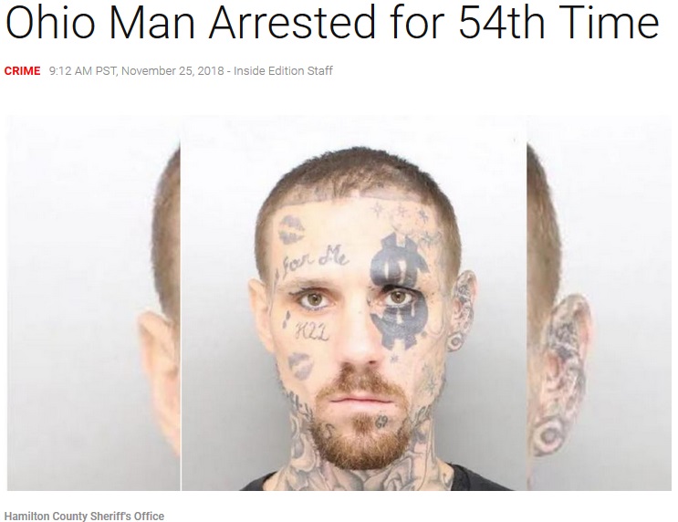 顔に派手なタトゥーを施した男が54回目の逮捕（画像は『Inside Edition　2018年11月25日付「Ohio Man Arrested for 54th Time」（Hamilton County Sheriff）』のスクリーンショット）