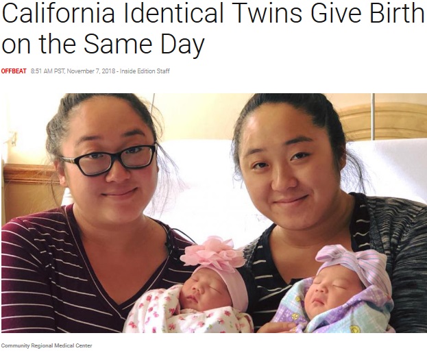 23歳の双子姉妹、出産予定日は2日違いだったものの…（画像は『Inside Edition　2018年11月7日付「California Identical Twins Give Birth on the Same Day」（Community Regional Medical Center）』のスクリーンショット）