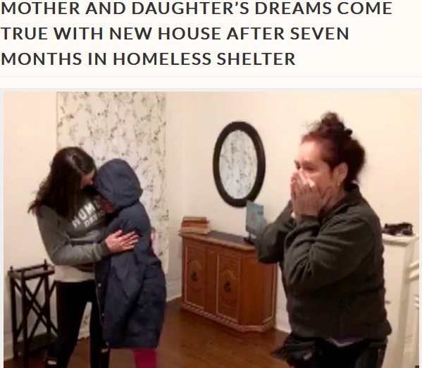 ホームレスだった母子、マイホームを提供され感激（画像は『Storytrender　2018年12月24日付「MOTHER AND DAUGHTER’S DREAMS COME TRUE WITH NEW HOUSE AFTER SEVEN MONTHS IN HOMELESS SHELTER」（Caters Clips）』のスクリーンショット）