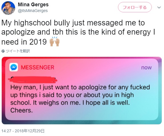 いじめっ子から届いた謝罪のメッセージ（画像は『Mina Gerges　2018年12月29日付Twitter「My highschool bully just messaged me to apologize and tbh this is the kind of energy I need in 2019」』のスクリーンショット）