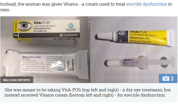 上が眼科薬で下がED治療薬（画像は『The Sun　2019年1月8日付「EYE SAY! Woman mistakenly prescribed erectile dysfunction cream for dry EYES left in agony from chemical injuries」（Credit: BMJ CASE REPORTS）』のスクリーンショット）