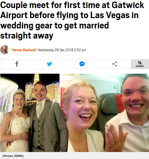 知り合って10日後に結婚したカップル（画像は『Metro　2018年12月26日付「Couple meet for first time at Gatwick Airport before flying to Las Vegas in wedding gear to get married straight away」（Picture: SWNS）』のスクリーンショット）