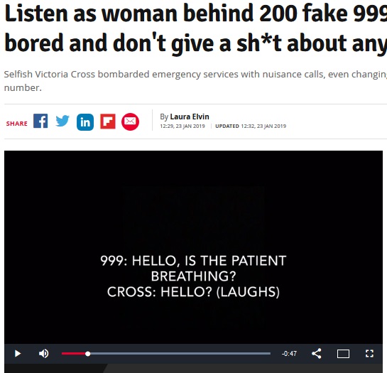 22歳女が200回以上も迷惑コール（画像は『Daily Record　2019年1月23日付「Listen as woman behind 200 fake 999 calls says ‘I’m bored and don’t give a sh*t about anyone else’」』のスクリーンショット）