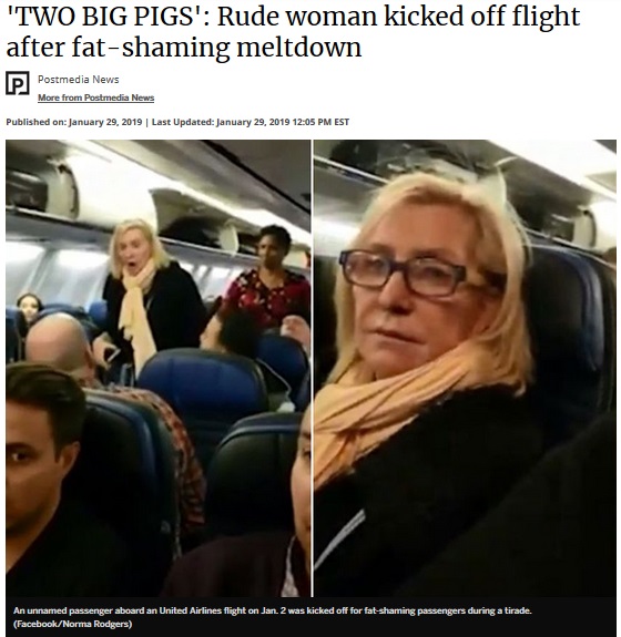 肥満の乗客に挟まれた女性、ユナイテッド航空機内から降ろされる（画像は『Vermilion Standard　2019年1月29日付「‘TWO BIG PIGS’: Rude woman kicked off flight after fat-shaming meltdown」（Facebook/Norma Rodgers）』のスクリーンショット）
