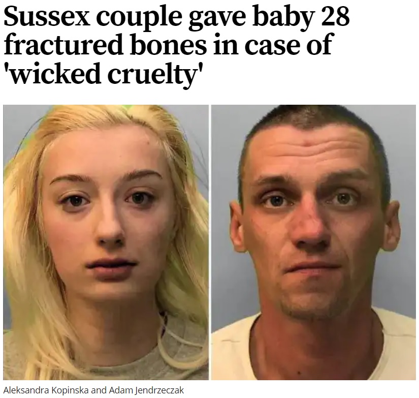 男児に全身28か所もの骨折を負わせた両親（画像は『Sussex Express　2019年1月15日付「Sussex couple gave baby 28 fractured bones in case of ‘wicked cruelty’」』のスクリーンショット）