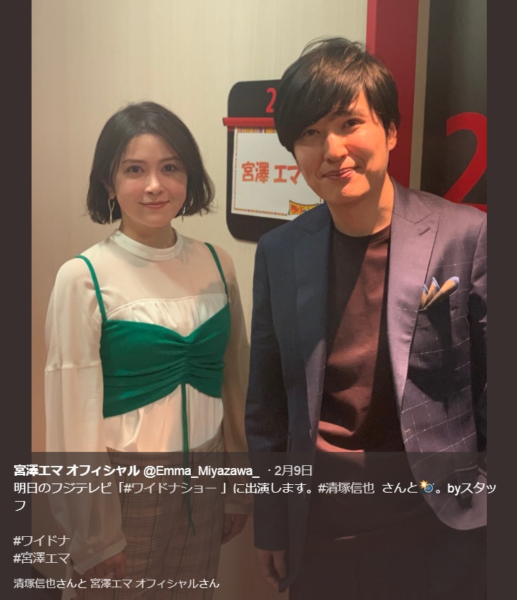 『ワイドナショー』に出演した宮澤エマと清塚信也（画像は『宮澤エマ オフィシャル　2019年2月9日付Twitter「明日のフジテレビ「＃ワイドナショー 」に出演します。」』のスクリーンショット）