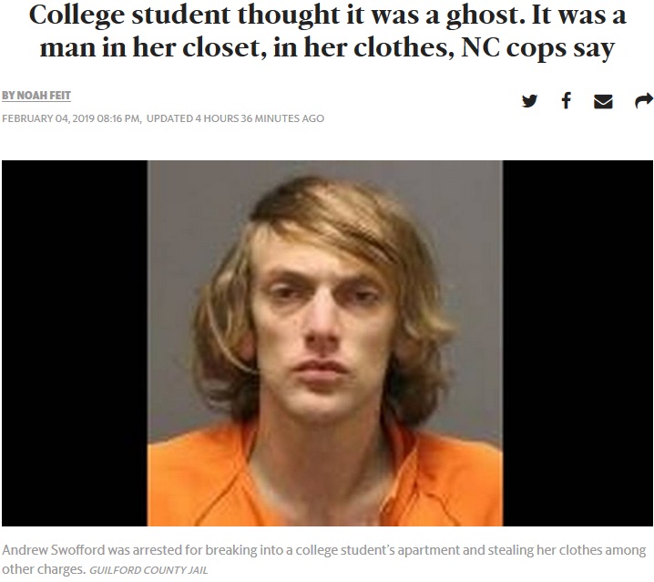 幽霊だと思っていた正体は女装した男だった（画像は『Charlotte Observer　2019年2月5日付「College student thought it was a ghost. It was a man in her closet, in her clothes, NC cops say」（GUILFORD COUNTY JAIL）』のスクリーンショット）