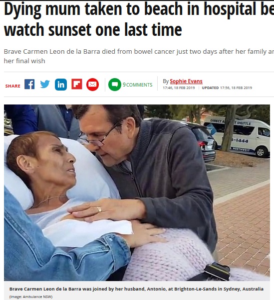 末期がんの女性、病院側の計らいで最期の願いが叶う（画像は『Mirror　2019年2月17日付「Dying mum taken to beach in hospital bed so she can watch sunset one last time」（Image: Ambulance NSW）』のスクリーンショット）