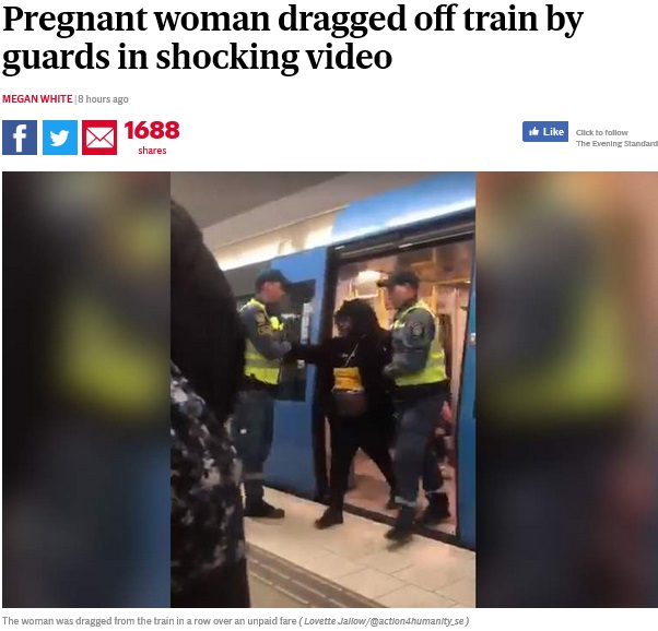 臨月の妊婦に激しい対応をした警備員2人の姿が捉えられる（画像は『London Evening Standard　2019年2月2日付「Pregnant woman dragged off train by guards in shocking video」（Lovette Jallow/＠action4humanity_se）』のスクリーンショット）