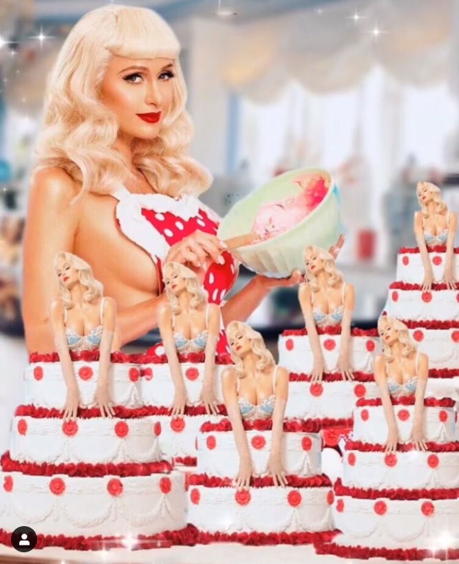 際どいエプロン姿のパリス（画像は『Paris Hilton　2019年2月18日付Instagram「＃Mood ＃BirthdayGirl」』のスクリーンショット）