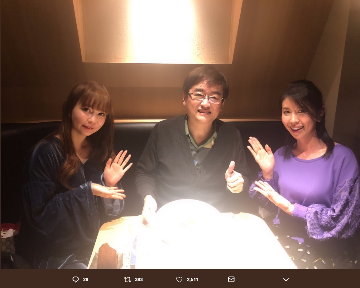 中川翔子、田中公平、三石琴乃（画像は『中川翔子 bluemoon　2019年2月13日付Twitter「田中公平先生と三石琴乃さんとお食事できて幸せ！」』のスクリーンショット）