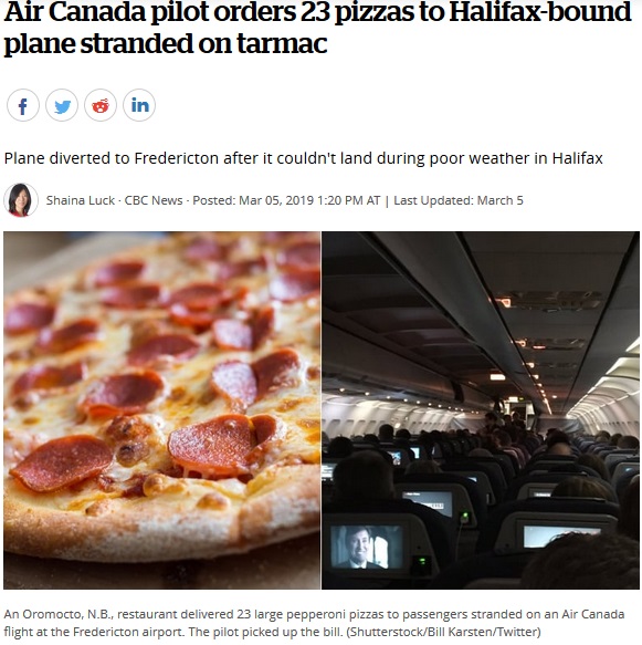 エア・カナダ機の機長、乗客にピザを差し入れ（画像は『CBC.ca　2019年3月6日付「Air Canada pilot orders 23 pizzas to Halifax-bound plane stranded on tarmac」（Shutterstock/Bill Karsten/Twitter）』のスクリーンショット）