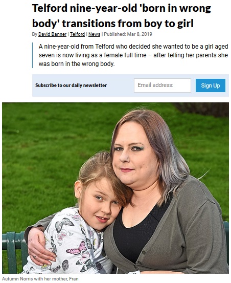 男の子として生まれた我が子が女の子に。サポートする母親（画像は『Shropshire Star　2019年3月8日付「Telford nine-year-old ‘born in wrong body’ transitions from boy to girl」』のスクリーンショット）