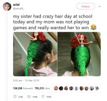 【海外発！Breaking News】ママが本気を出した「クレイジーヘア・デー」　4歳娘の髪をリトル・マーメイドに（米）