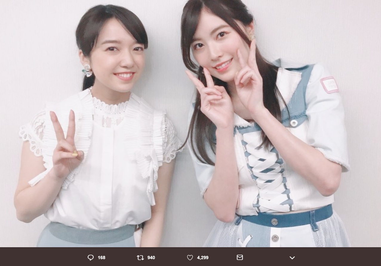 上白石萌音と松井珠理奈（画像は『松井珠理奈（ハリウッドJURINA）　2019年4月26日付Twitter「平成最後の ＃Mステ ありがとうございました」』のスクリーンショット）