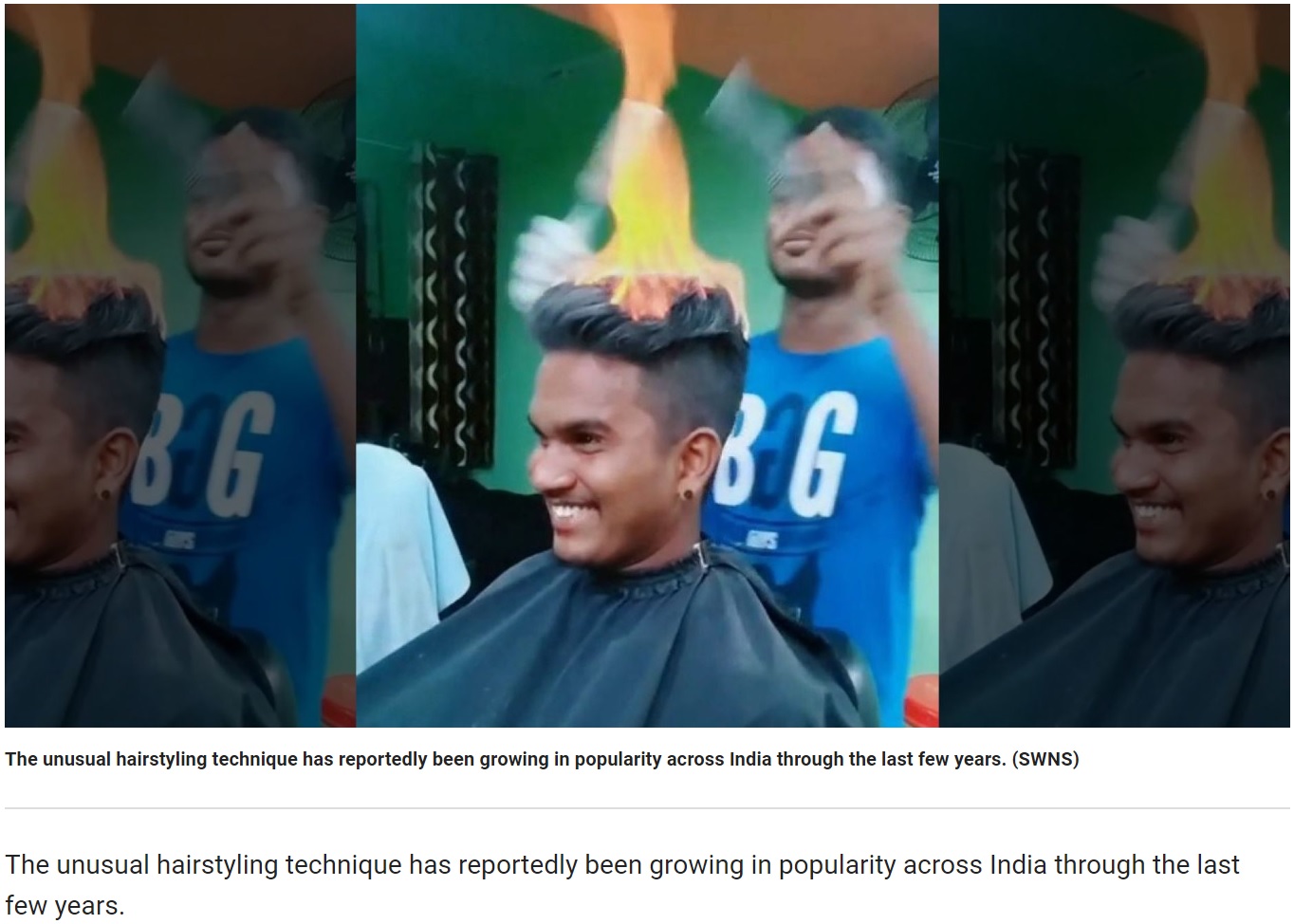 勢いよく燃える毛髪（画像は『FOX News　2019年4月4日付「Barber lights customer’s hair on fire during unbelievable haircut」（SWNS）』のスクリーンショット）