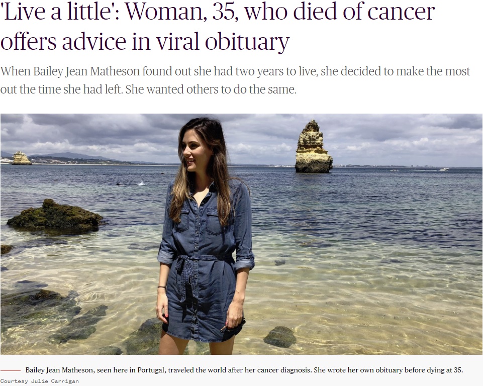 35歳でこの世を去った女性、死亡広告に最後のメッセージ（画像は『Today　2019年4月18日付「‘Live a little’: Woman, 35, who died of cancer offers advice in viral obituary」（Courtesy Julie Carrigan）』のスクリーンショット）
