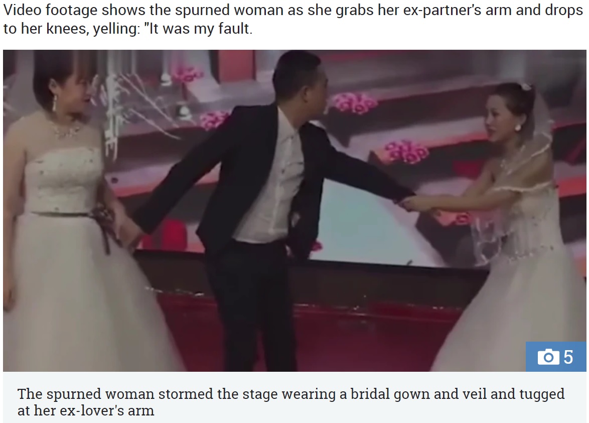 新郎の元恋人が結婚式に乱入（画像は『The Sun　2019年4月9日付「VEILED THREAT Bizarre moment groom’s sobbing ex-lover crashes his wedding wearing a BRIDAL GOWN and desperately tries to stop him in the aisle」（Sina News）』のスクリーンショット）