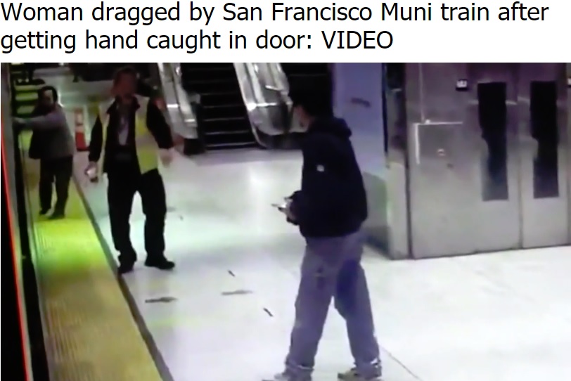 電車ドアに手を挟まれた初老の女性（画像は『ABC7 KABC　2019年4月22日付「Woman dragged by San Francisco Muni train after getting hand caught in door: VIDEO」』のスクリーンショット）