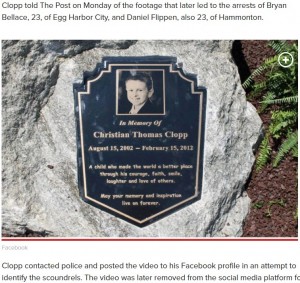 【海外発！Breaking News】がんで亡くなった9歳少年の追悼記念碑に放尿、男2人が逮捕（米）＜動画あり＞
