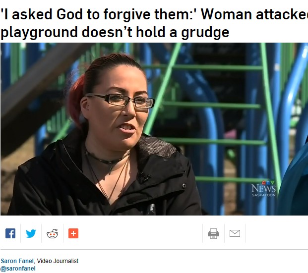 10歳前後の少年達に襲われた女性（画像は『CTV News Saskatoon　2019年5月22日付「‘I asked God to forgive them:’ Woman attacked by kids at Saskatoon playground doesn’t hold a grudge」』のスクリーンショット）