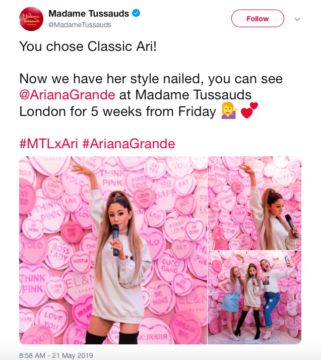 アリアナ・グランデの蝋人形に「全然似ていない」の声多数（画像は『Madame Tussauds　2019年5月21日付Twitter「You chose Classic Ari!」』のスクリーンショット）