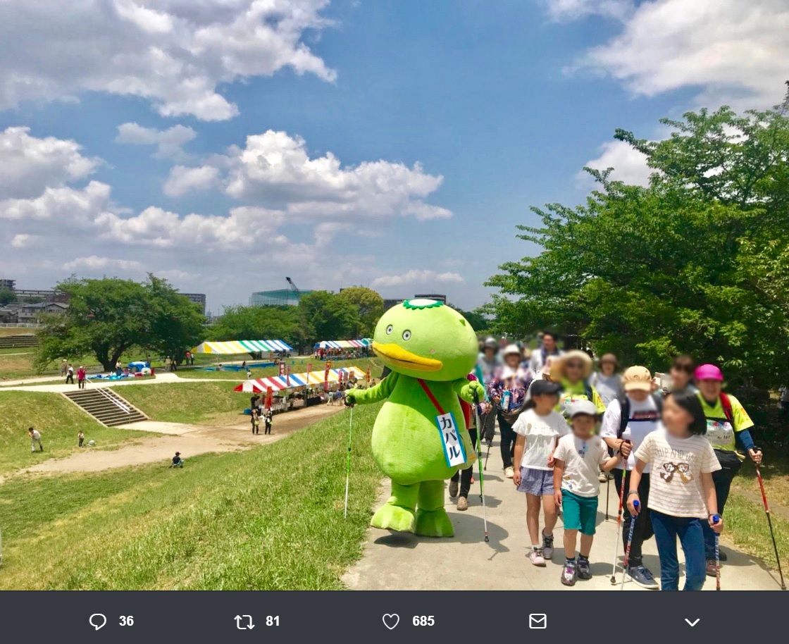 土手をポールウォーキングするカパル（画像は『カパル【公式。なのに凍結2回】　2019年5月19日付Twitter「＃志木いろはウォークフェスタ2019」』のスクリーンショット）