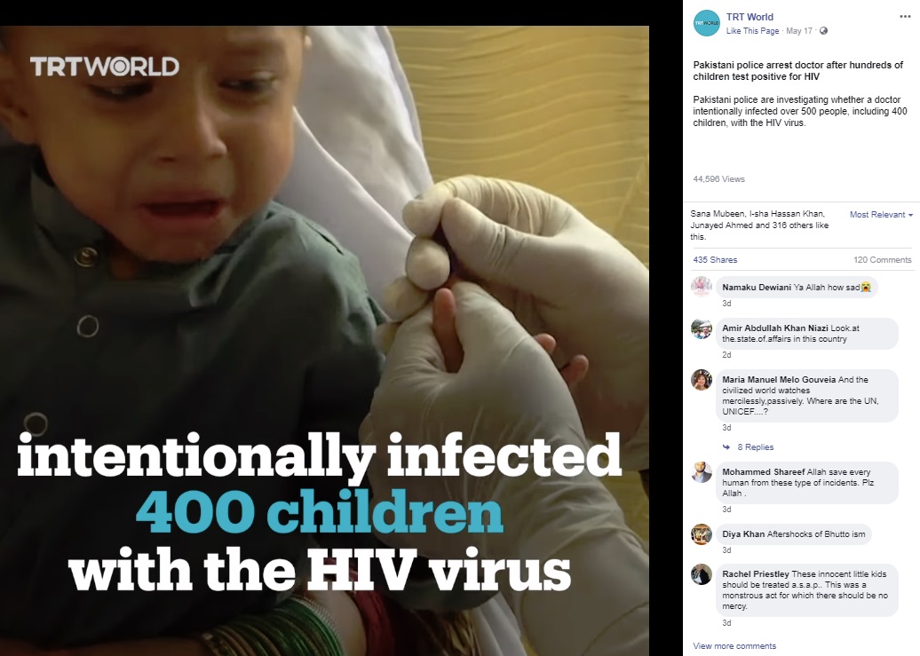 検査を受ける子供（画像は『TRT World　2019年5月17日付Facebook「Pakistani police are investigating whether a doctor intentionally infected over 500 people, including 400 children, with the HIV virus.」』のスクリーンショット）