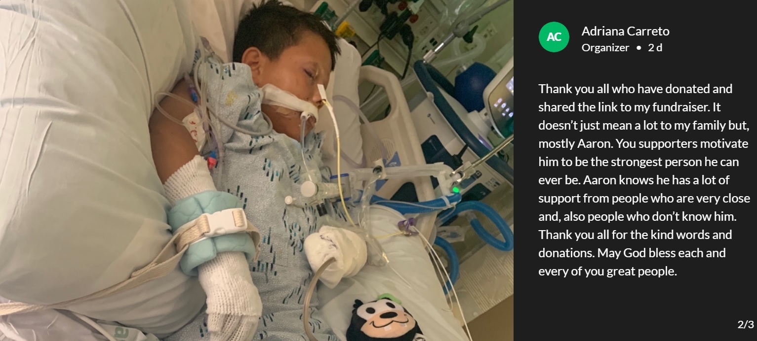 投げつけられた花火で重傷を負い入院中の男児（画像は『GoFundMe　2019年7月14日付「Aaron’s Firework Accident Recovery Fund」』のスクリーンショット）
