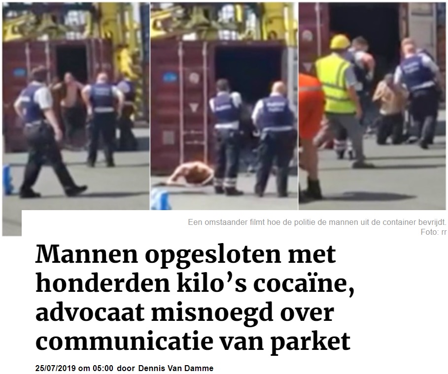 コンテナから出てきた2人の薬物密売人（画像は『Gazet van Antwerpen　2019年7月25日付「Mannen opgesloten met honderden kilo’s cocaïne, advocaat misnoegd over communicatie van parket」（Foto: rr）』のスクリーンショット）