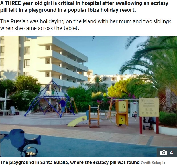 合成麻薬エクスタシーが落ちていた公園（画像は『The Sun　2019年7月19日付「DEADLY FIND Girl, 3, fights for life on Ibiza family holiday after mistaking ecstasy pill she found in playground for a sweet」（Credit: SOLARPIX）』のスクリーンショット）