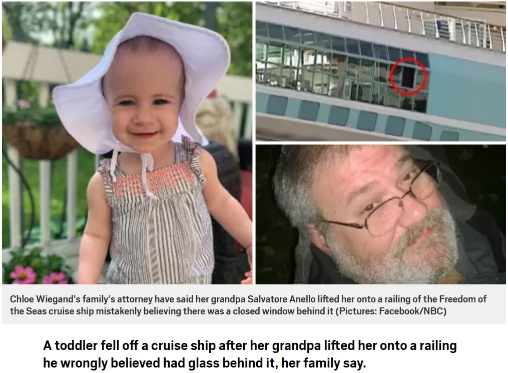 転落死した1歳児と孫を抱き上げた高齢男性（画像は『Metro　2019年7月9日付「Toddler fell to death off cruise ship ‘after grandpa lifted her onto open railing thinking there was glass behind it’」（Pictures: Facebook/NBC）』のスクリーンショット）